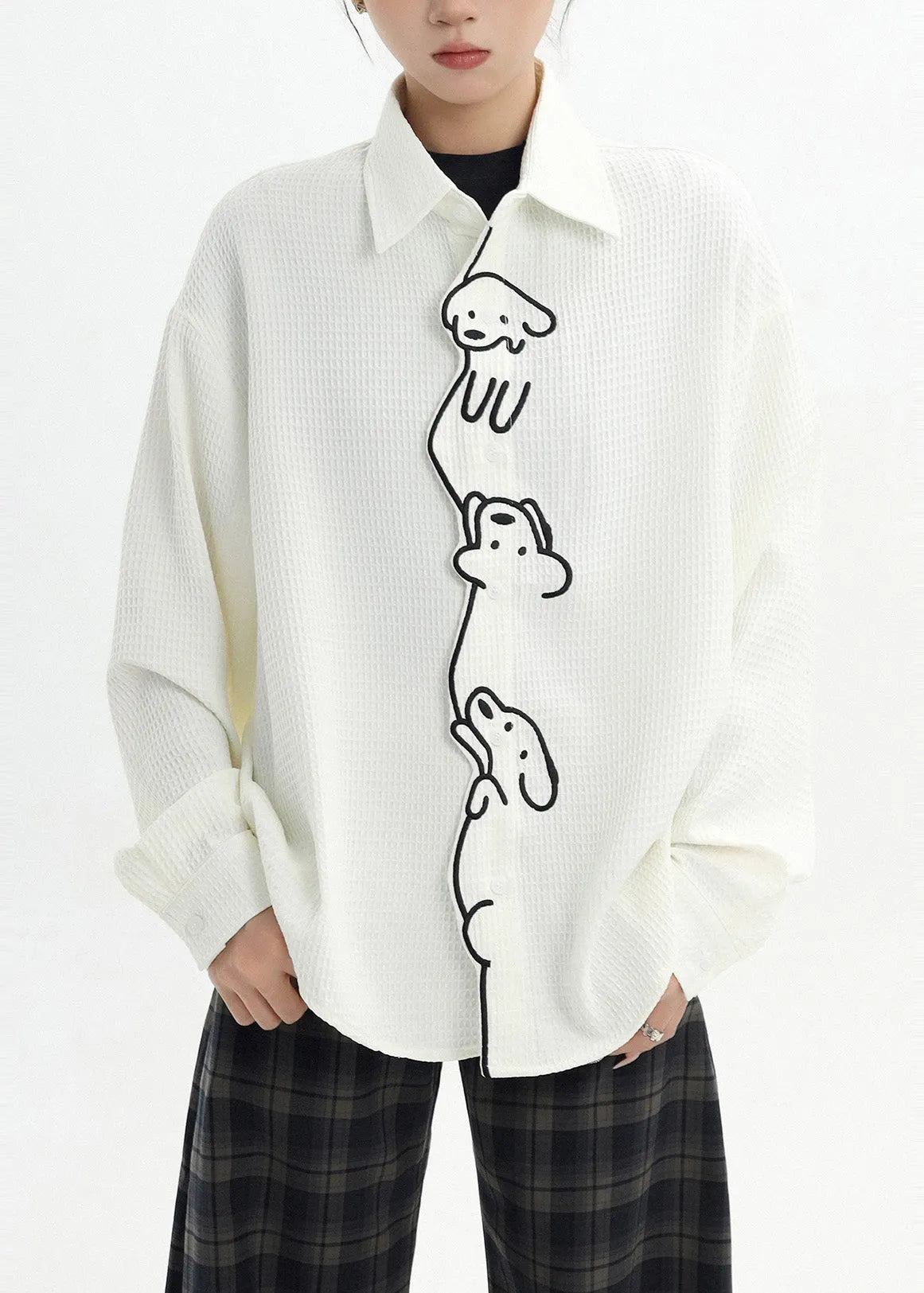 White Little Dog Embroidered Cotton Shirt Spring