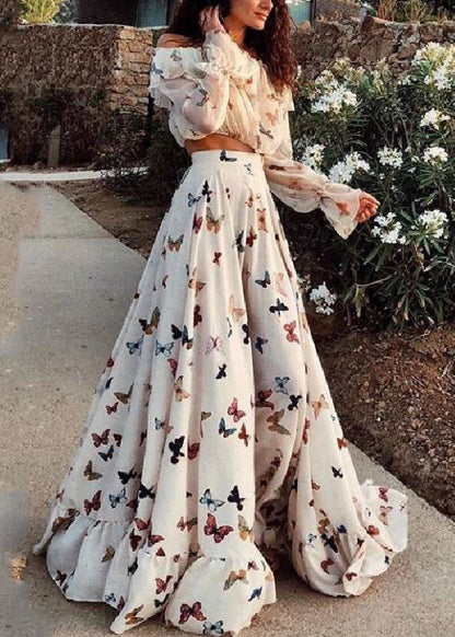 White Butterfly Print Tops and Skirts Cotton Two Pieces Set Spring