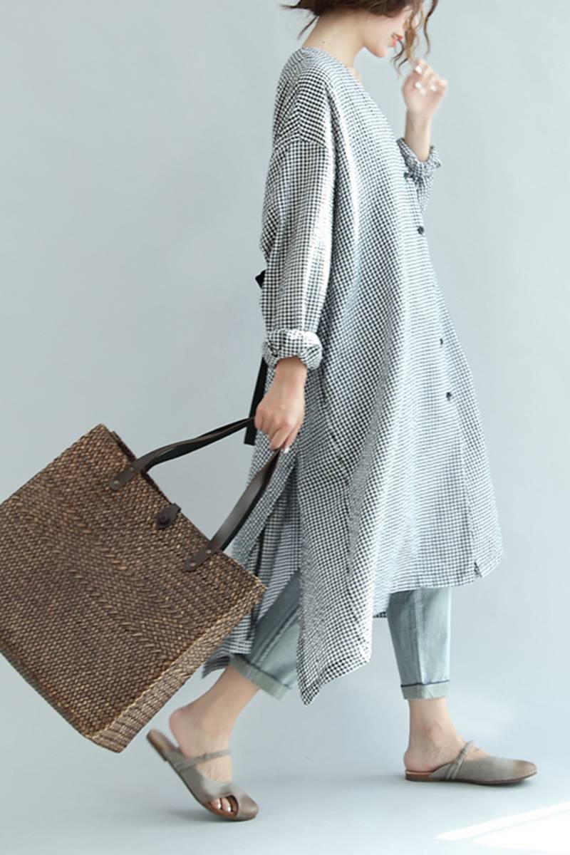 Spring Linen Plaid Loose Long Shirt Dress