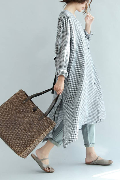Spring Linen Plaid Loose Long Shirt Dress