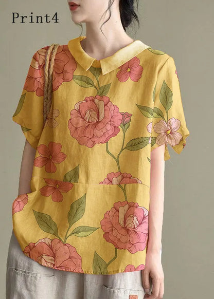 Simple Blue Bird Peter Pan Collar Patchwork Summer Linen Blouses
