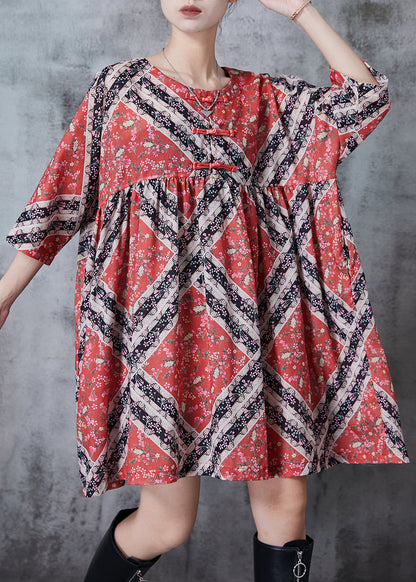 Red Oversized Print Cotton Mid Dresses Summer