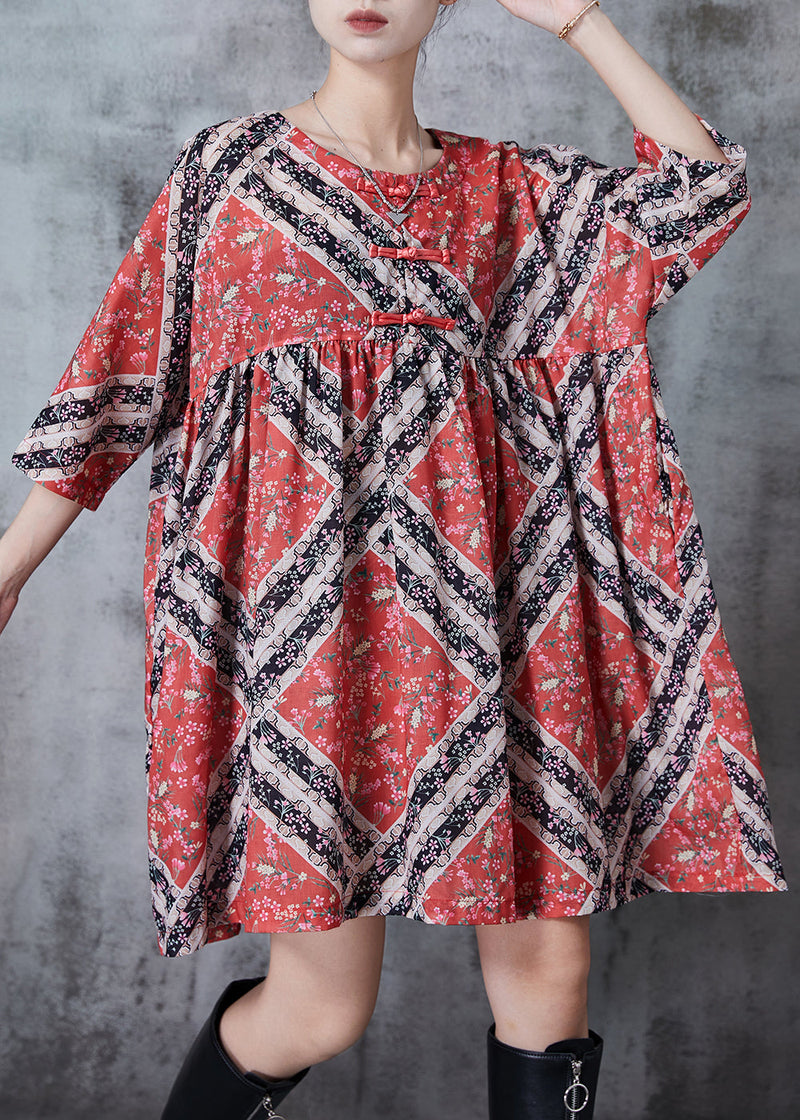 Red Oversized Print Cotton Mid Dresses Summer