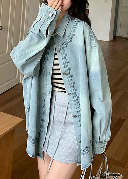 Blue Peter Pan Collar Patchwork Button Denim Shirt Fall