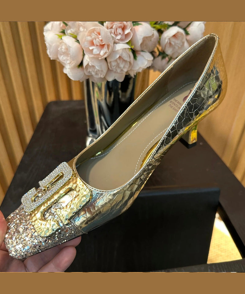 Gold Zircon Splicing Chunky High Heels Square Toe