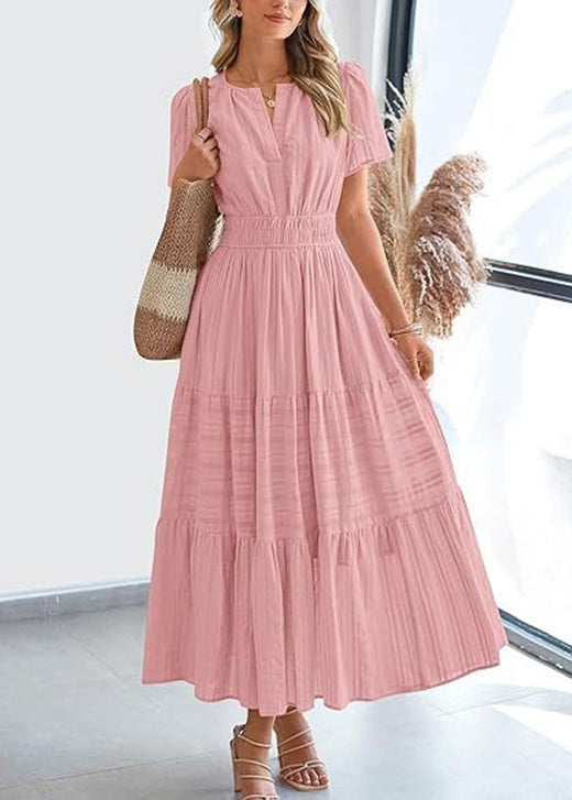 Pink O Neck Wrinkled Patchwork Cotton Dress Summer
