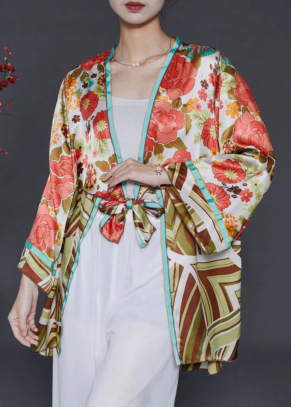 Pink Print Lace Up Silk Cardigan Summer