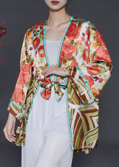 Pink Print Lace Up Silk Cardigan Summer