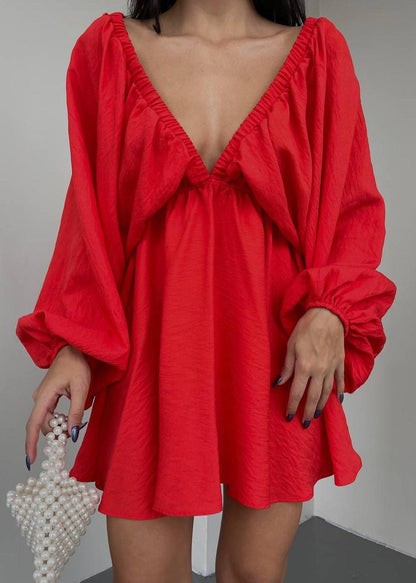 Style Lantern Sleeve V Neck Short Dress