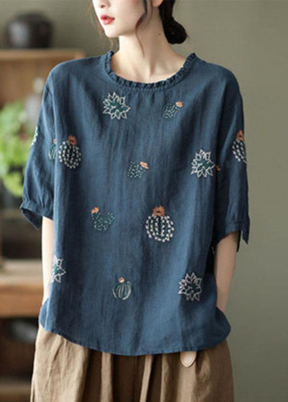 White O-neck Embroidered Summer Ramie Blouse Half Sleeve