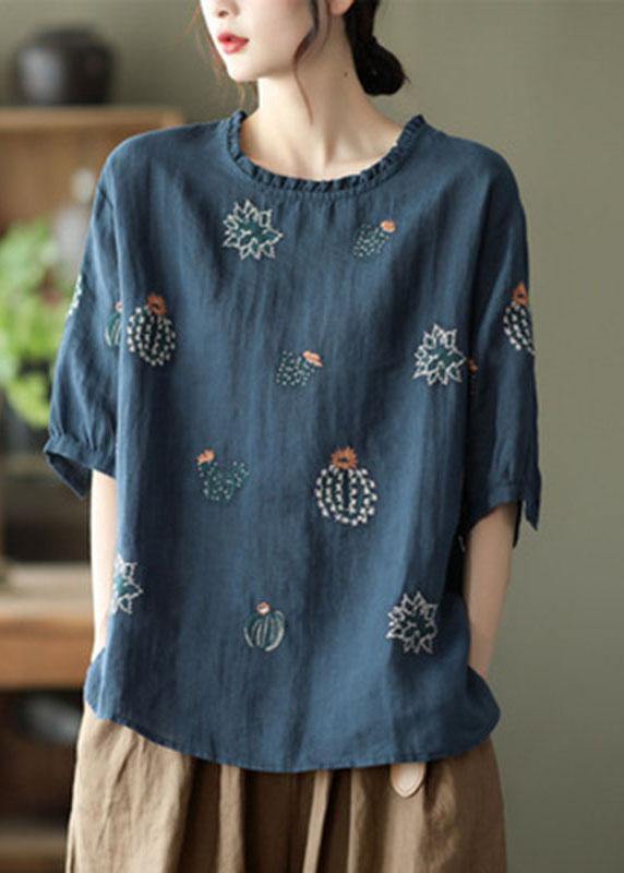 White O-neck Embroidered Summer Ramie Blouse Half Sleeve