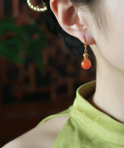 Retro Gold Sterling Silver Overgild Zircon Agate Calabash Drop Earrings