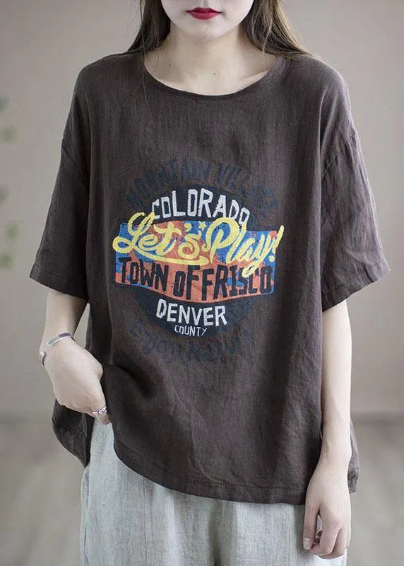 Loose Chocolate O-neck Graphic Linen T-shirt Half Sleeve