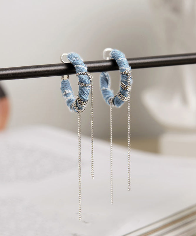 Denim Blue Sterling Silver Denim Chain Tassel Drop Earrings