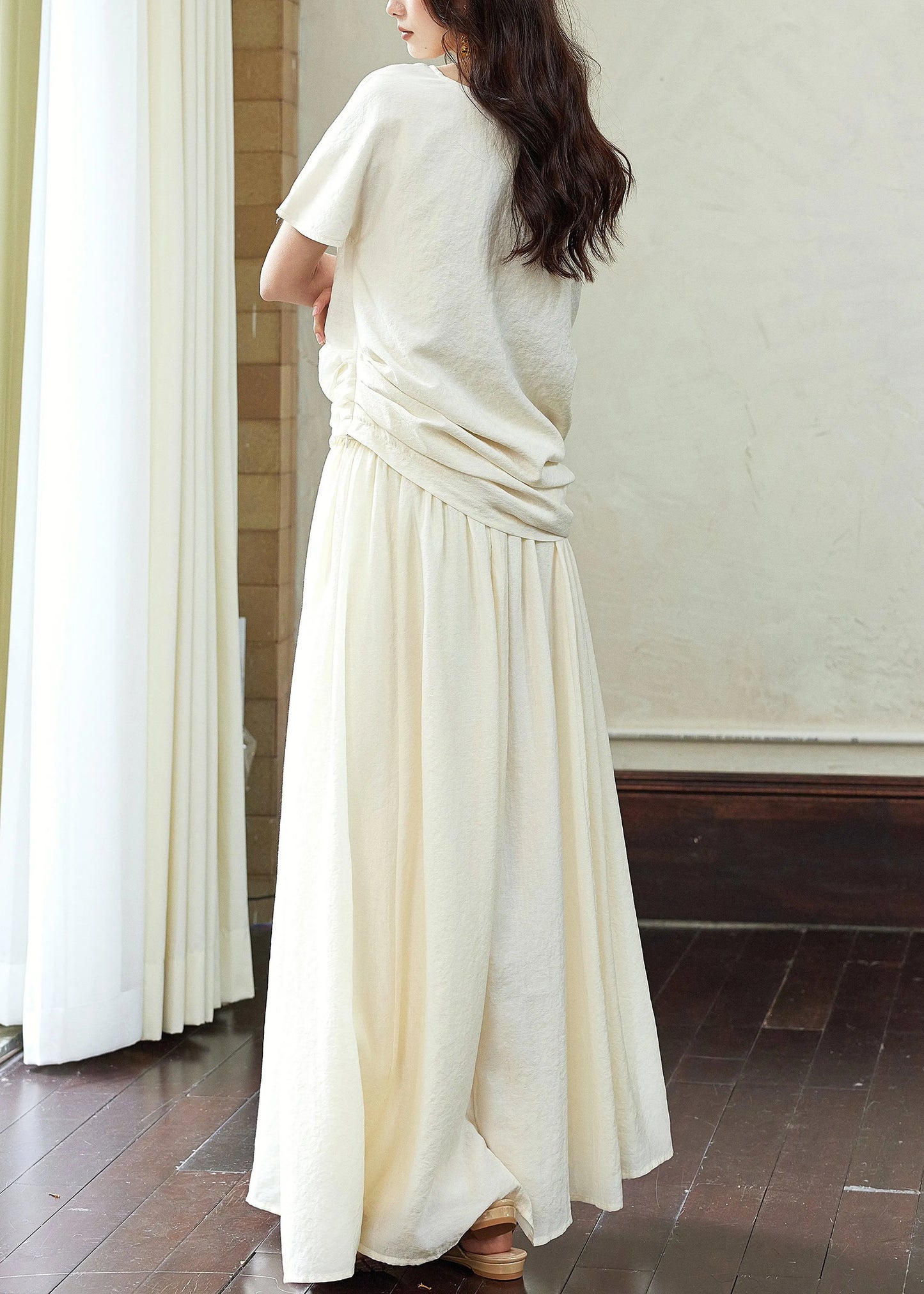 White Asymmetrical Wrinkled T Shirts and Skirts Cotton Two Piece Set Summer