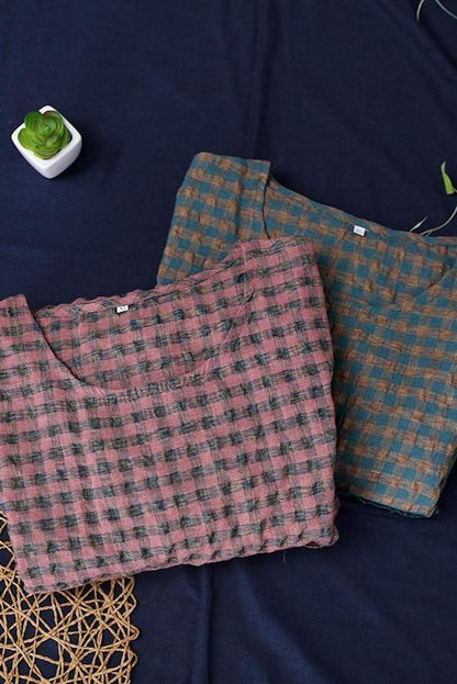Limited Stock- Summer Plaid Round Neck Cotton Linen Midi Dress