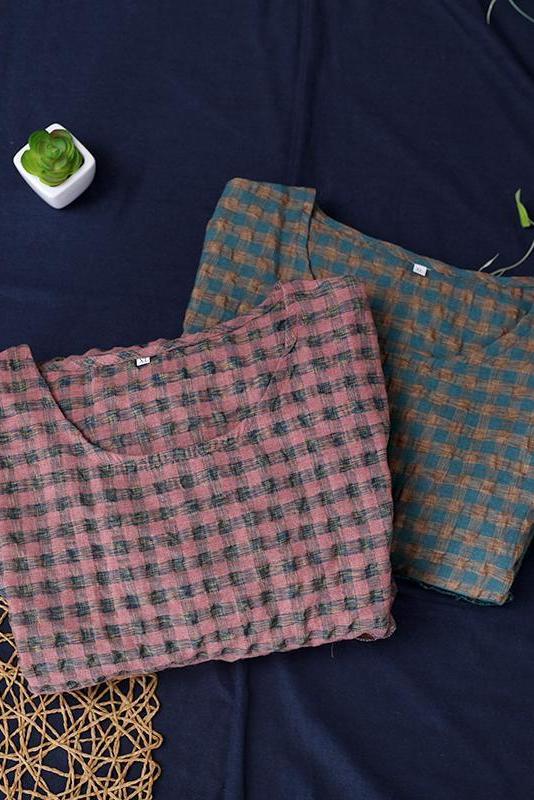 Limited Stock- Summer Plaid Round Neck Cotton Linen Midi Dress
