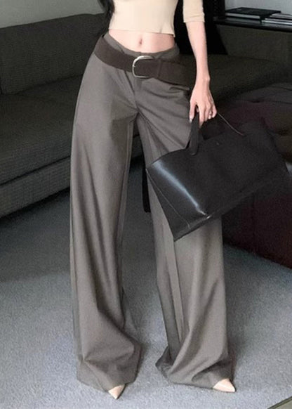 Modern Grey Pockets High Waist Spandex Wide Leg Pants Fall