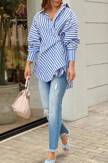 Striped Print Patchwork Asymmetrical Shirt Collar Tops
