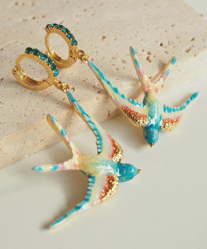 Rainbow Copper Alloy Enamel Gem Stone Swallow Drop Earrings