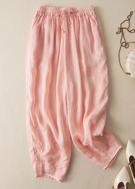 Apricot Pockets Drawstring Linen Crop Pants Summer