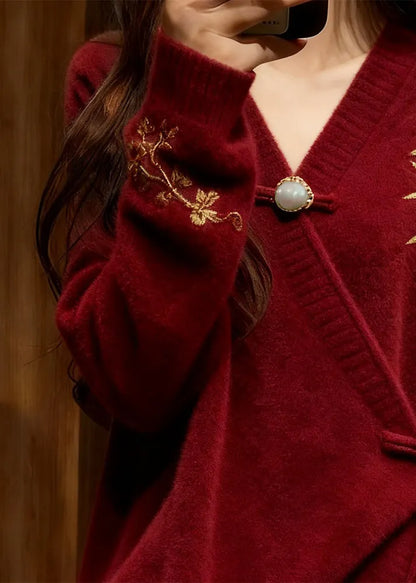 Chinese Style Red Embroidered Tie Waist Cotton Knit Sweater Fall