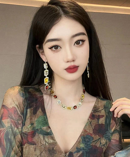 Gold Alloy Gem Stone Necklace and Drop Earrings Two-piece Set
