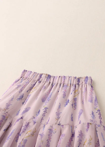 Purple Print Elastic Waist Cotton Skirt Summer