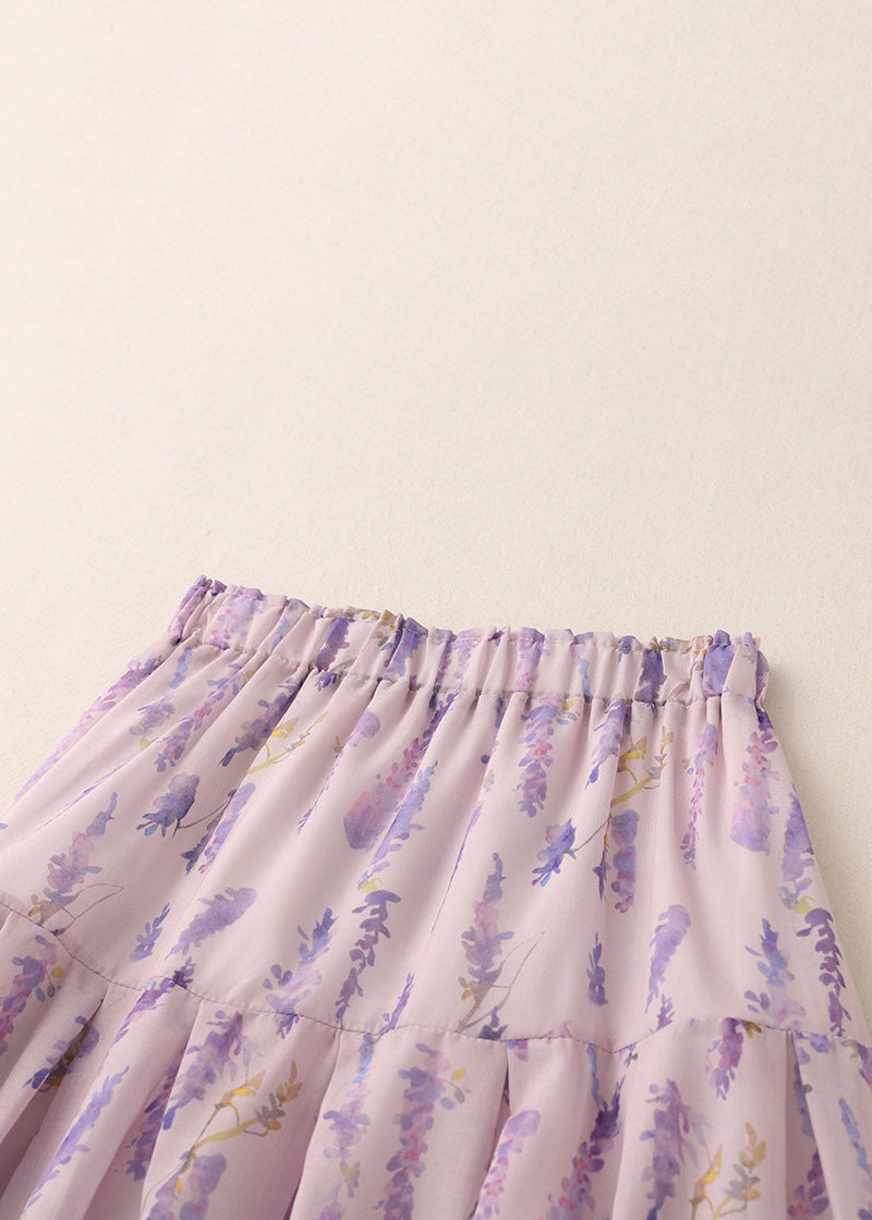Purple Print Elastic Waist Cotton Skirt Summer