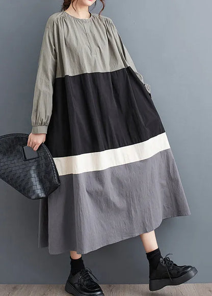 Black O Neck Patchwork Cotton Long Dress Fall