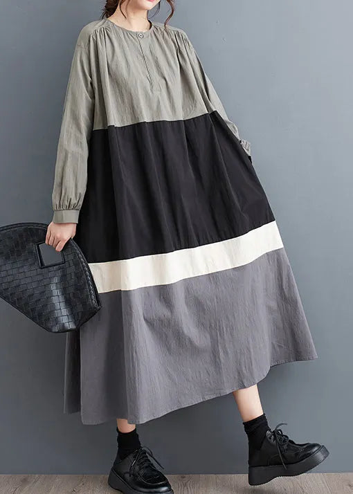 Black O Neck Patchwork Cotton Long Dress Fall