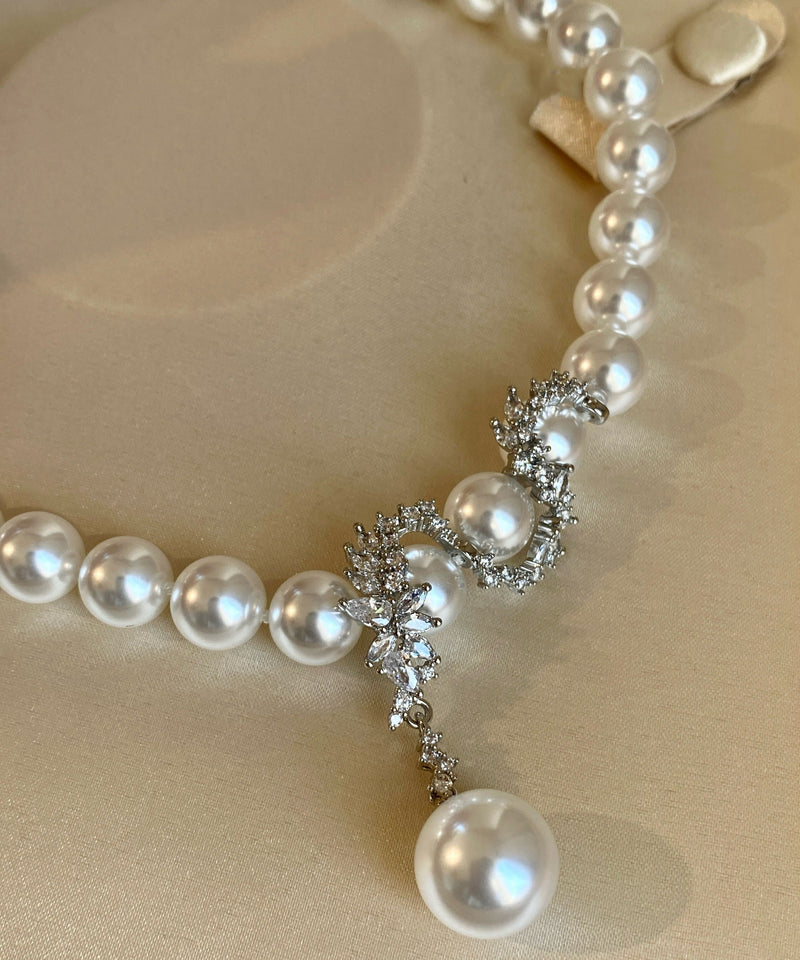 White Pearl Dragon Pattern Pendant Zircon Silver Choker