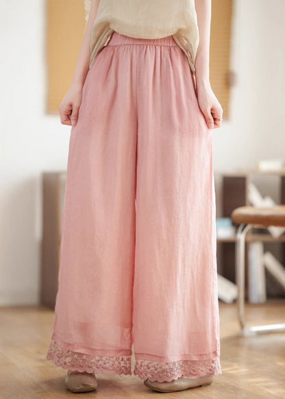 New Black Lace Patchwork Elastic Waist Linen Wide Leg Pants Summer