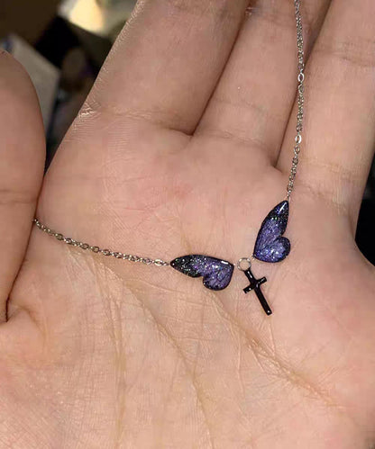 Purple Silver Alloy Zircon Butterfly Cross Pendant Necklace