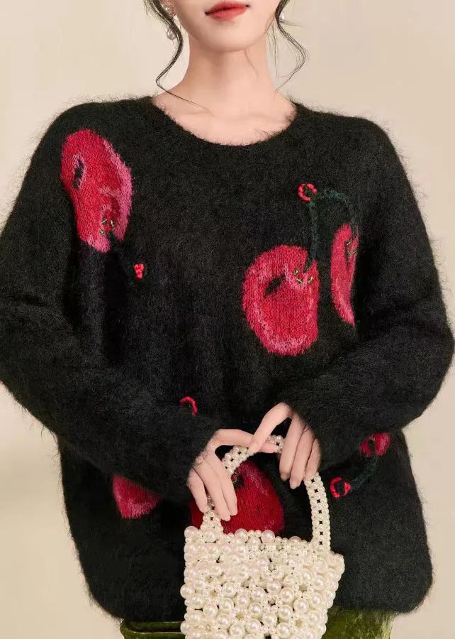 Novelty Black O-neck Print Cozy Cotton Knit Sweaters Fall