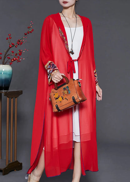 Red Embroidered Side Open Chiffon Hooded Cardigan Summer
