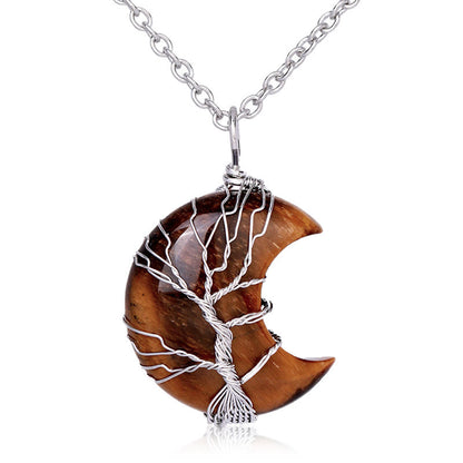 Buddha Stones Natural Quartz Crystal Moon Tree of Life Healing Energy Necklace Pendant