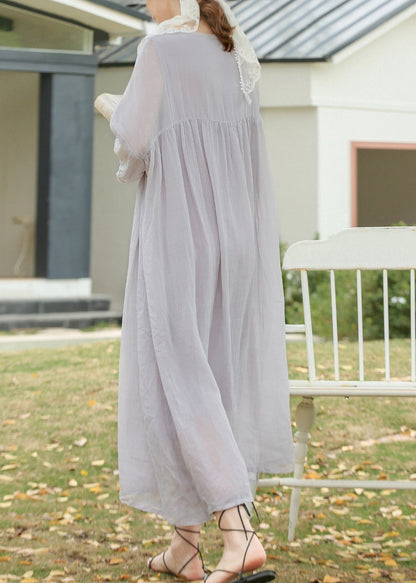Grey O Neck Wrinkled Linen Long Dresses Summer
