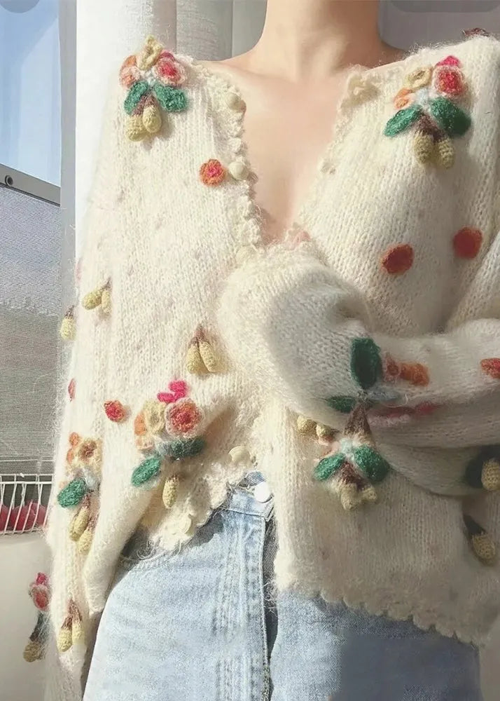 Beige V Neck Button Patchwork Knit Cardigan Winter