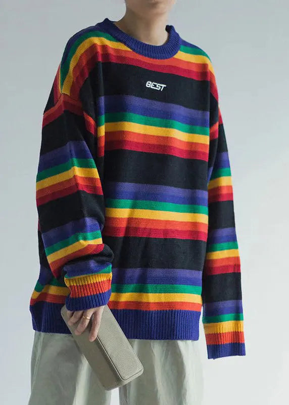 White Striped Cozy Knit Sweaters O Neck Winter