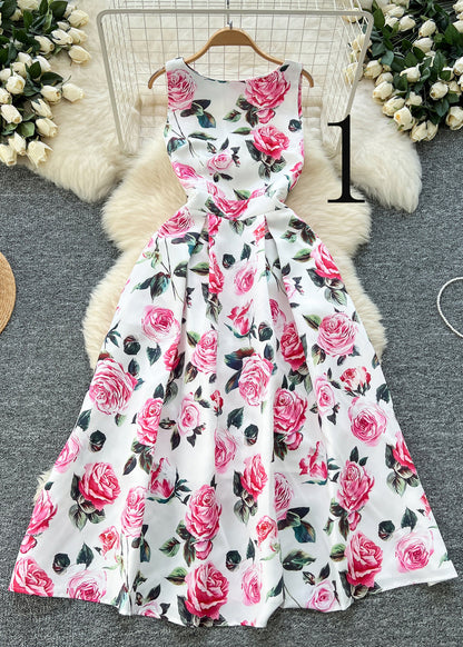 Flower Print Exra Large Hem Silk Tea Dress Sleeveless