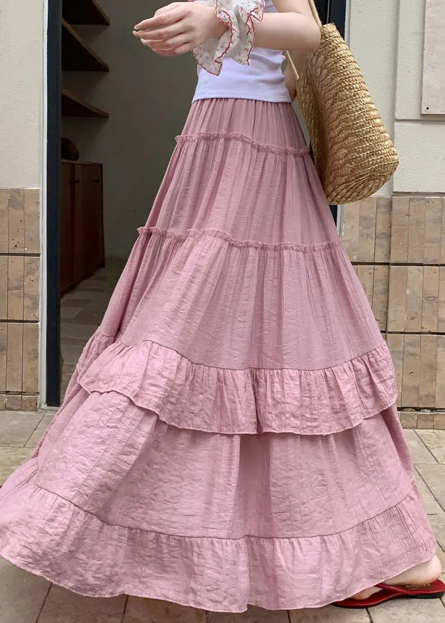 Art Pink Ruffled Elastic Waist Cotton Skirts Summer