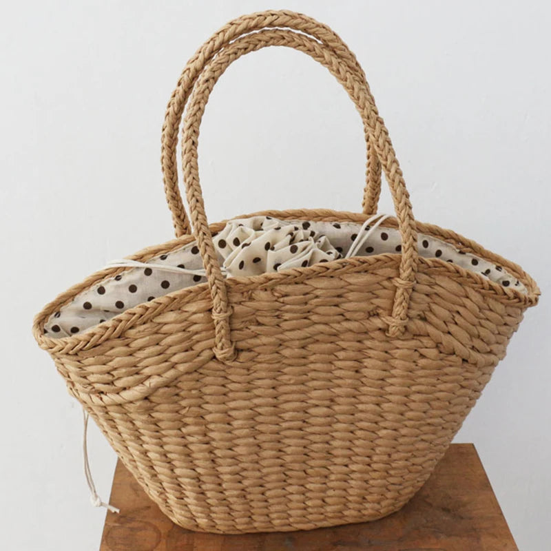 Summer New Straw Woven Braided Top Handle Travel Shopping Bucket Simple Large Handbags