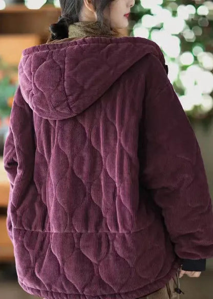 Purple Hooded Pockets Corduroy Fleece Wool Lined Jacket Winter