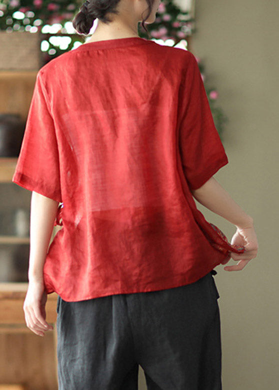 Red Stand Collar Print Tie Waist Linen Shirt Half Sleeve