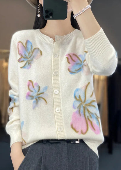 White O Neck Button Cotton Knit Coat Spring