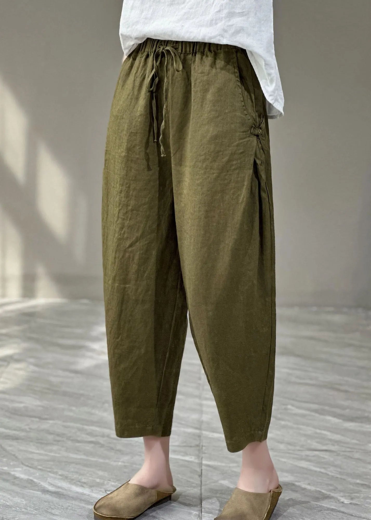 Yellow Pockets Cinched Patchwork Linen Harem Pants Summer