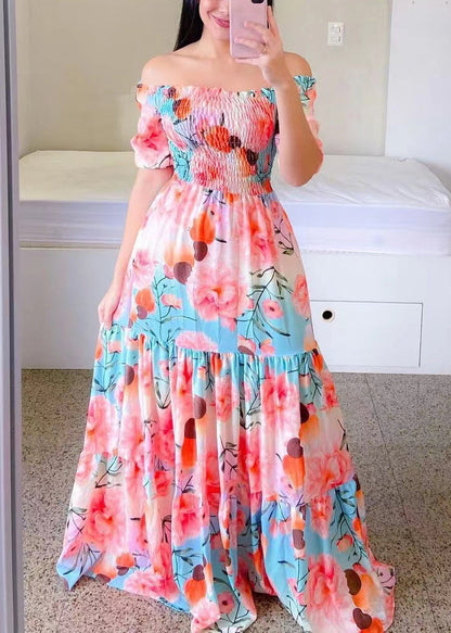 Yellow Print Cotton Long Dresses Wrinkled Short Sleeve