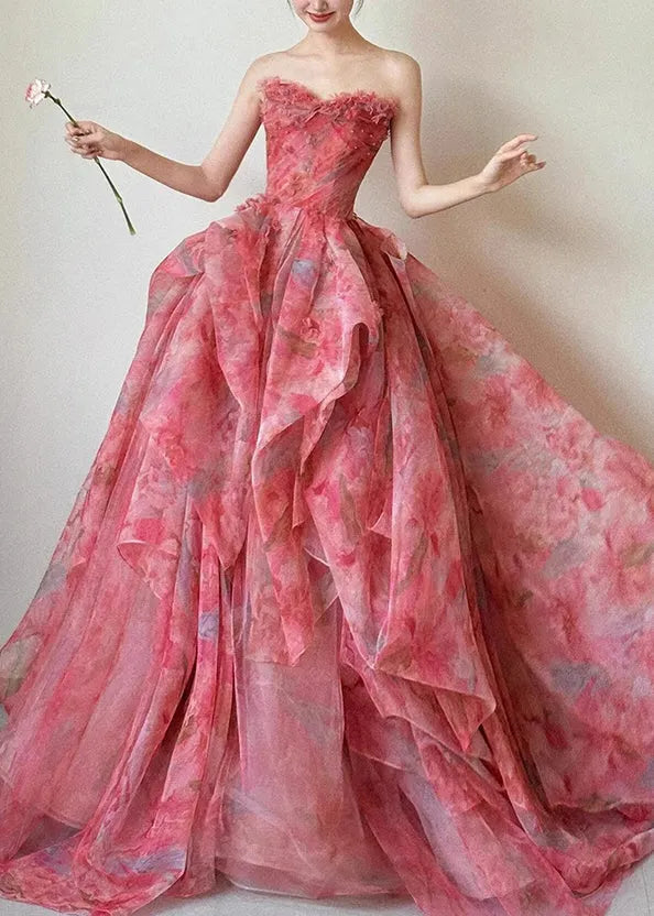 Strapless Print High Waist Chiffon Exra Large Hem Dresses Sleeveless