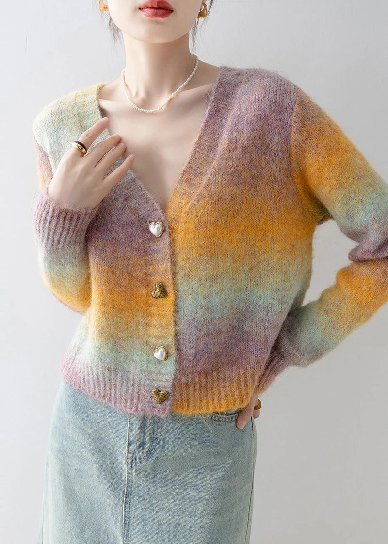 Italian Gradient Color V Neck Warm Knit Cardigan Winter